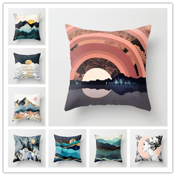 Geometric Landscape Painting Cushion Cover