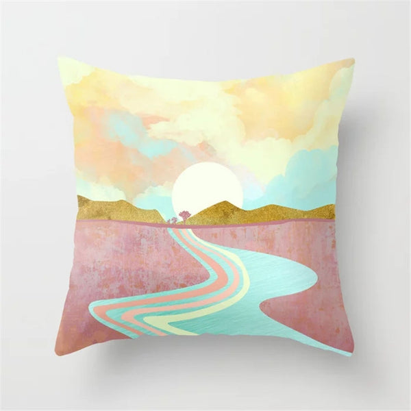 Geometric Landscape Painting Cushion Cover