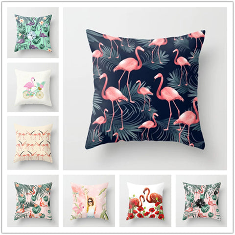 Pink Flamingo Flower Birds Pillow Case