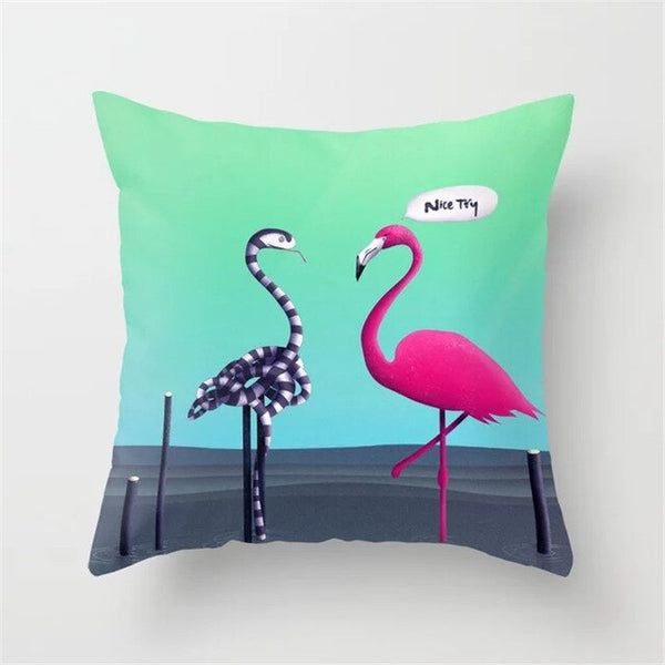 Pink Flamingo Flower Birds Pillow Case