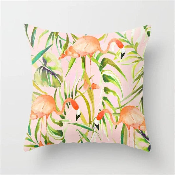 Pink Flamingo Flower Birds Pillow Case