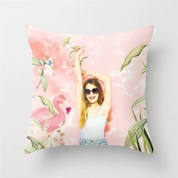 Pink Flamingo Flower Birds Pillow Case