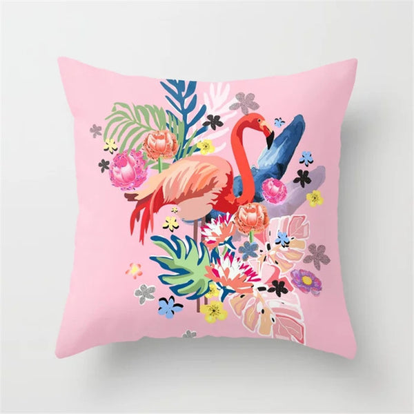 Pink Flamingo Flower Birds Pillow Case