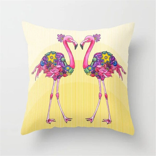 Pink Flamingo Flower Birds Pillow Case